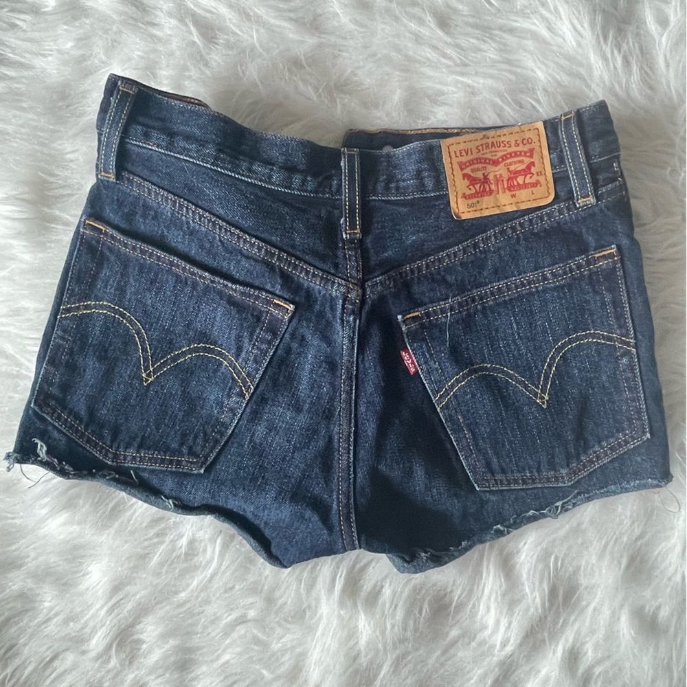 Levi's 501 Denim Shorts Button Fly Cutoff Fray Hem Blue Jean Dark Blue